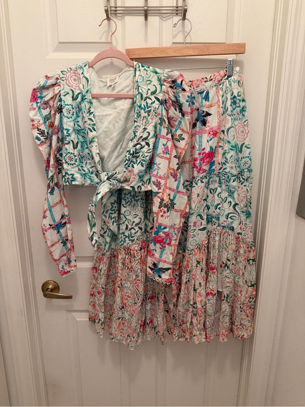 HEMANT & NANDITA Cream Maxi Skirt with Teal and Pink Floral Print